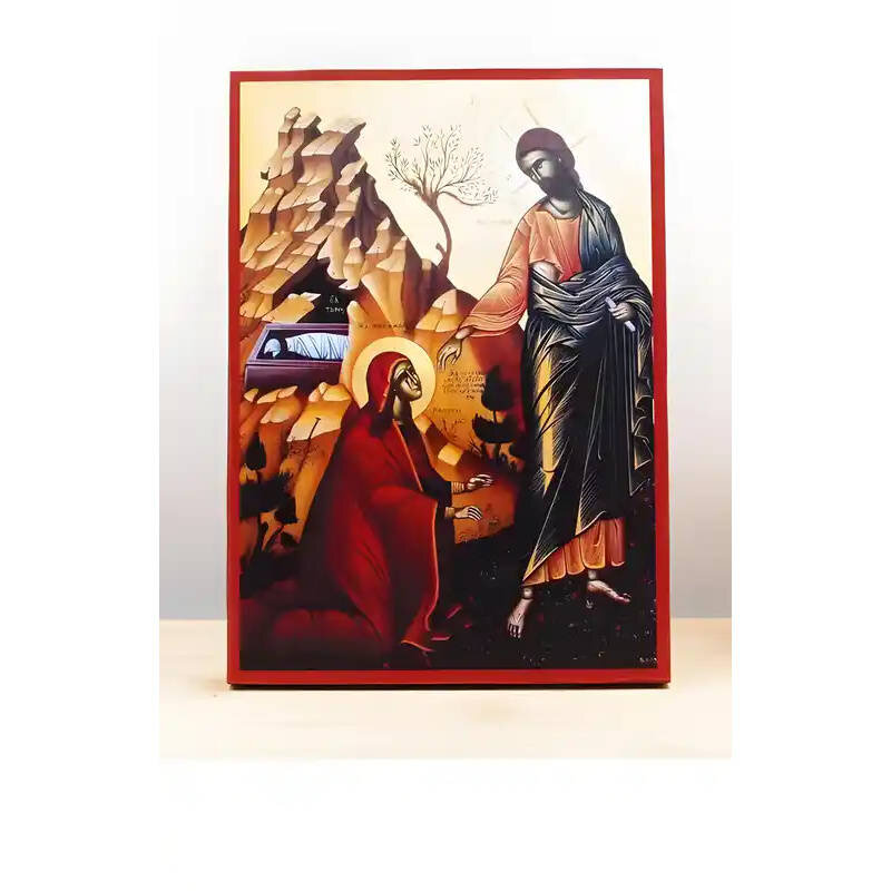 Εικόνα Ορθοδοξίας με περίγραμμα χρυσό σε ξύλο Φλαμουρίας  με  βάση Ο Ιησούς Χριστός εμφανίζεται στη Μαρία Μαγδαληνή, Ξύλινη Χειροποίητη Εικόνα Ελληνικού Βυζαντινού Στυλ τοίχου Κρεμασμένη σε ξύλινη πλάκα Θρησκευτικό θέμα Χειροποίητη Ελληνορθόδοξη εικόνα το