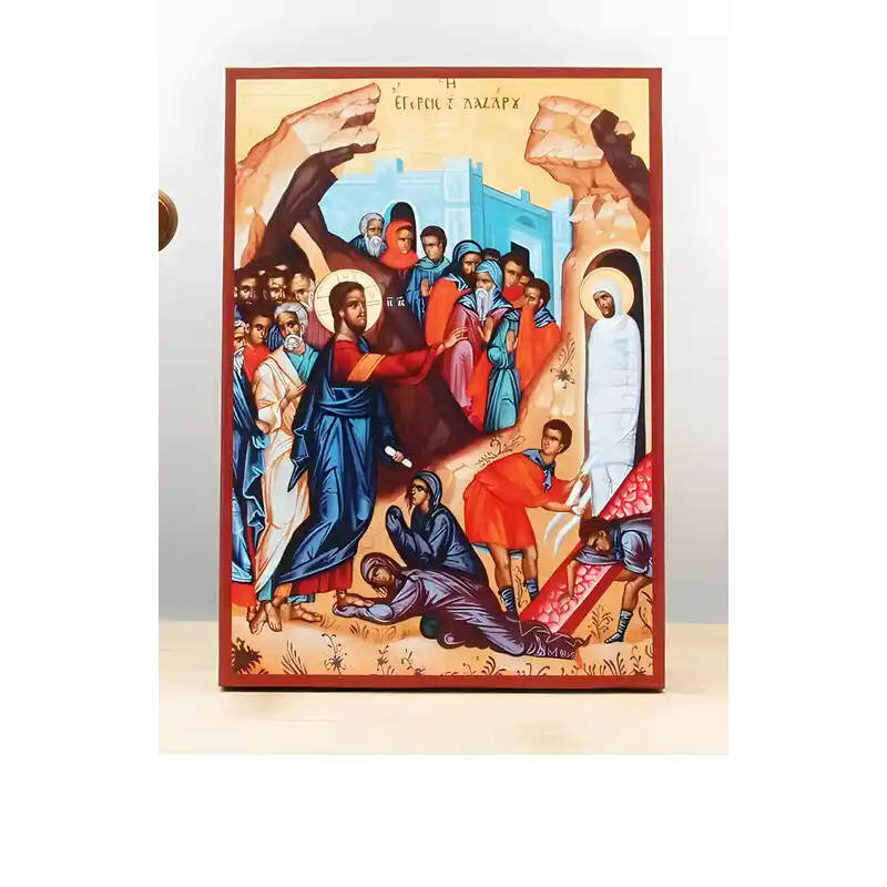 Εικόνα Ορθοδοξίας με περίγραμμα χρυσό σε ξύλο Φλαμουρίας  με  βάση Ο Ιησούς Χριστός Ανάσταση του Λαζάρου, Ξύλινη Χειροποίητη Εικόνα Ελληνικής Premium Βυζαντινού Στυλ τοίχου Κρεμασμένη σε ξύλινη πλάκα Ορθόδοξο θρησκευτικό θέμα Χειροποίητη Ελληνορθόδοξη εικ