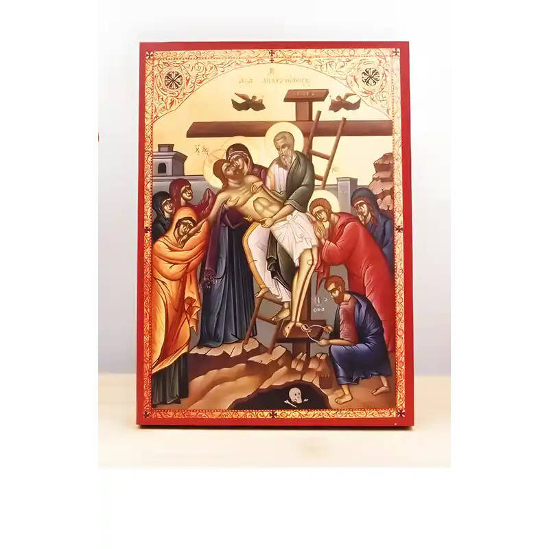 Εικόνα Ορθοδοξίας με περίγραμμα χρυσό σε ξύλο Φλαμουρίας  με  βάση Ιησούς Χριστός Κάθοδος από τον Σταυρό «Πιέτα», Ξύλινη Χειροποίητη Εικόνα Ελληνικού Βυζαντινού Στυλ Κρεμαστή σε Ξύλινη Πλάκα Θρησκευτικό Θέμα Χειροποίητη Ελληνορθόδοξη εικόνα του Ιησού Χρισ