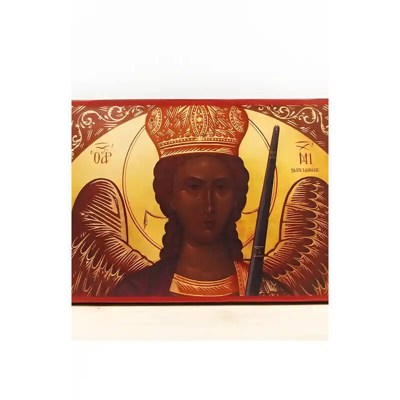 Εικόνα Ορθοδοξίας με περίγραμμα χρυσό σε ξύλο Φλαμουρίας  με  βάση Αρχάγγελος Μιχαήλ του Μανταμαδόνα, Ξύλινη Χειροποίητη Εικόνα Ελληνικού Premium Βυζαντινού Στυλ Κρεμασμένο σε ξύλινη πλάκα Θρησκευτικό θέμα Χειροποίητη Ελληνορθόδοξη εικόνα του Ιησού Χριστο