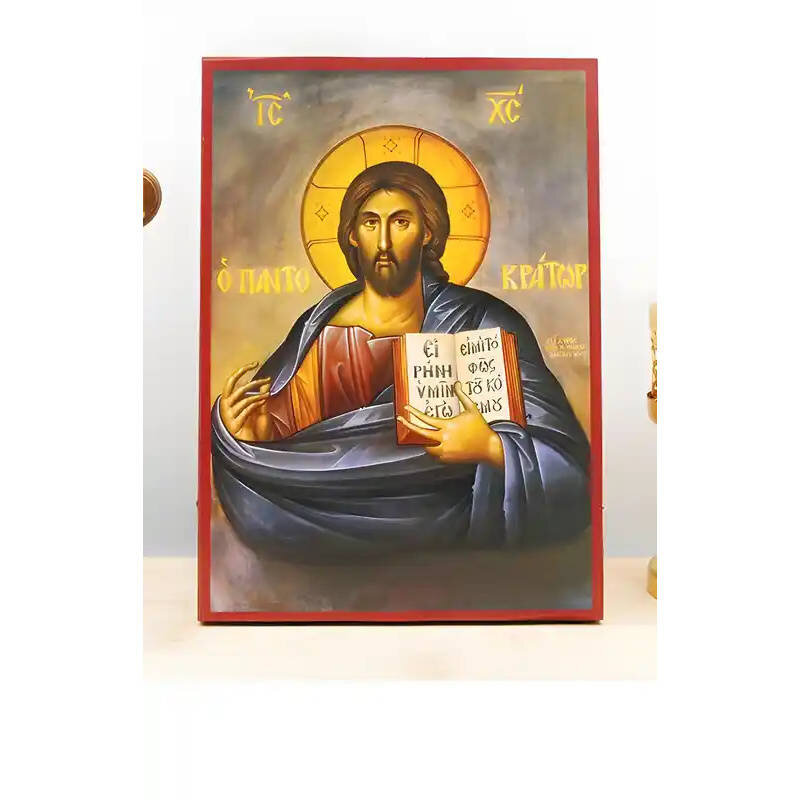 Εικόνα Ορθοδοξίας με περίγραμμα χρυσό σε ξύλο Φλαμουρίας  με  βάση Ο Ιησούς Χριστός ευλογεί τον Παντοκράτορα, Ξύλινη Χειροποίητη Εικόνα Ελληνικού Premium Βυζαντινού Στυλ Κρεμασμένο σε ξύλινη πλάκα Θρησκευτικό θέμα Χειροποίητη Ελληνορθόδοξη εικόνα του Ιησο