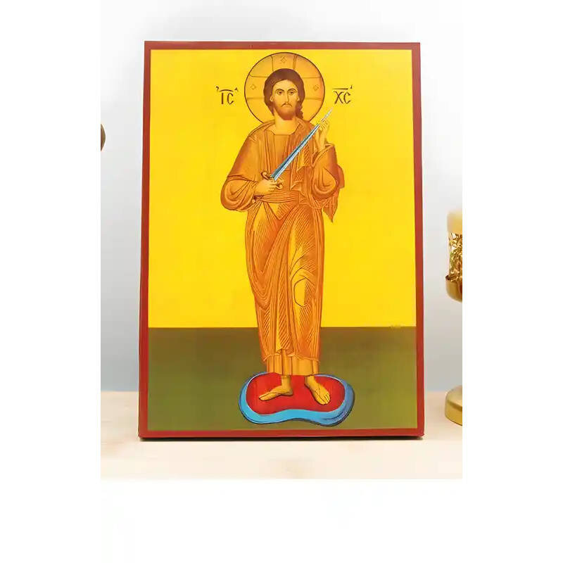 Εικόνα Ορθοδοξίας με περίγραμμα χρυσό σε ξύλο Φλαμουρίας  με  βάση Ο Ιησούς Χριστός κρατά ένα πνευματικό ξίφος "Κόβει" αμαρτίες FFullbody, Ξύλινη Χειροποίητη Εικόνα Ελληνικού Βυζαντινού Στυλ Κρεμάστρα τοίχου Χειροποίητη Ελληνορθόδοξη εικόνα του Ιησού Χρισ