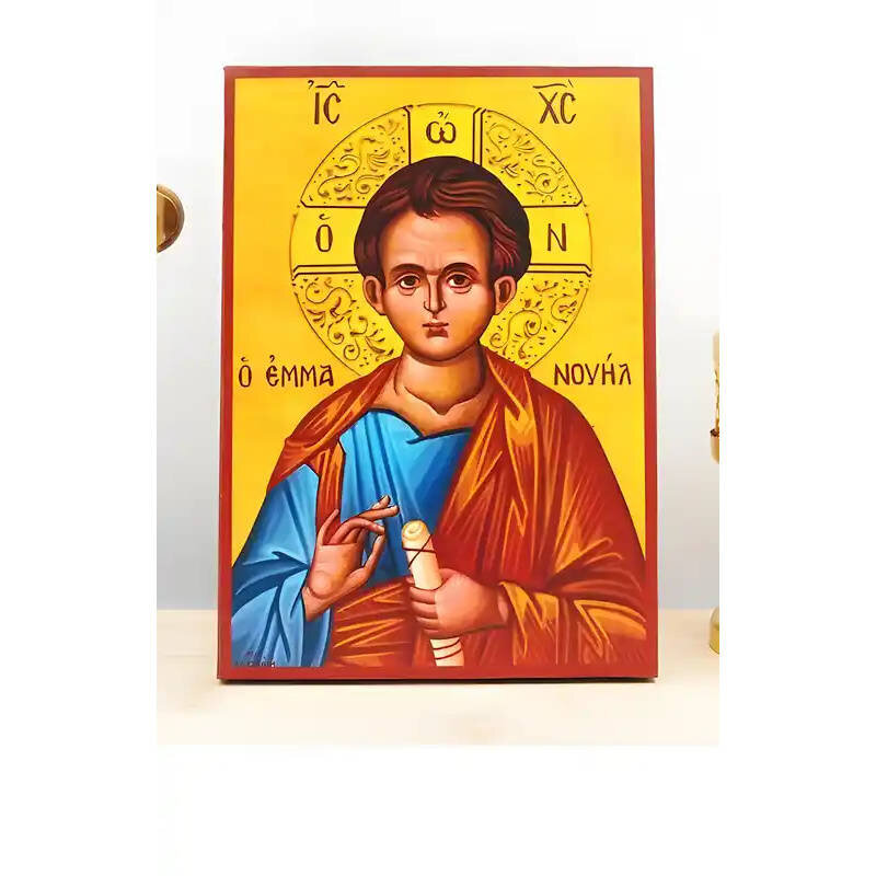 Εικόνα Ορθοδοξίας με περίγραμμα χρυσό σε ξύλο Φλαμουρίας  με  βάση Ιησούς Χριστός «Ο Θεός μαζί μας» Εμμανουήλ, Ξύλινη Χειροποίητη Εικόνα Ελληνικού Premium Βυζαντινού Στυλ Κρεμασμένο σε ξύλινη πλάκα Θρησκευτικό θέμα Χειροποίητη Ελληνορθόδοξη εικόνα του Ιησ