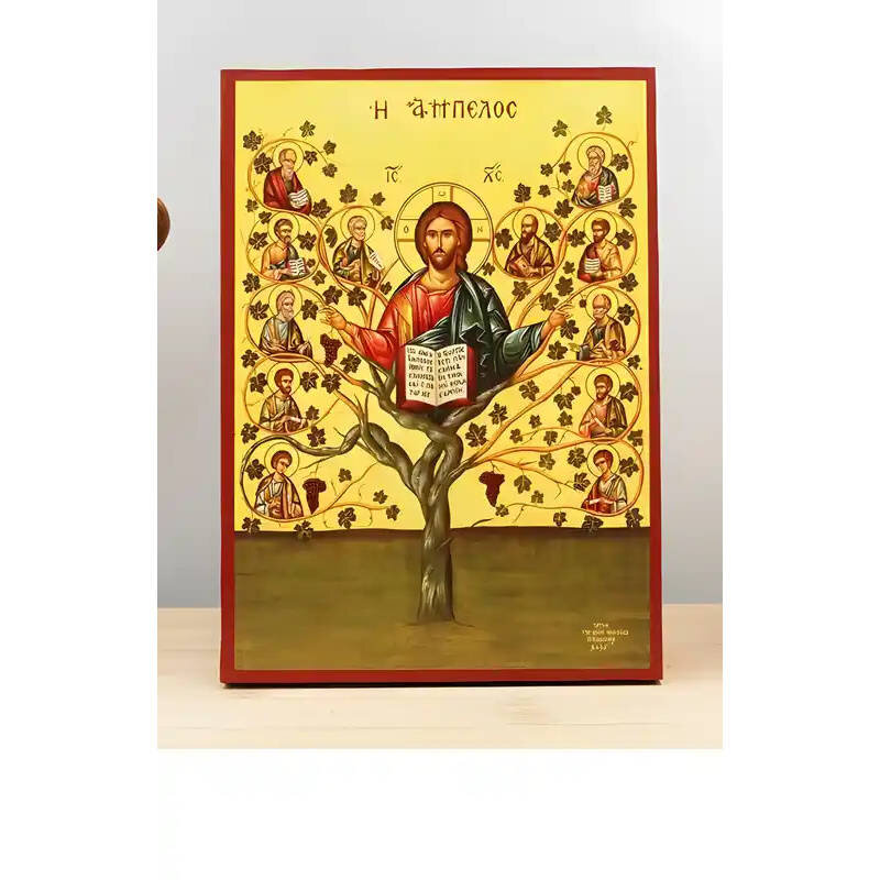 Σετ 2 τεμαχίων – Εικόνα Ορθοδοξίας με περίγραμμα χρυσό σε ξύλο Φλαμουρίας  με  βάση Ο Ιησούς Χριστός με τους Αποστόλους στην Άμπελο "Άμπελος", Ξύλινη Χειροποίητη Εικόνα Ελληνικής Κορυφαίας Βυζαντινής Στυλ Κρεμαστή σε ξύλινη πλάκα Θρησκευτικό Χειροποίητη Ε