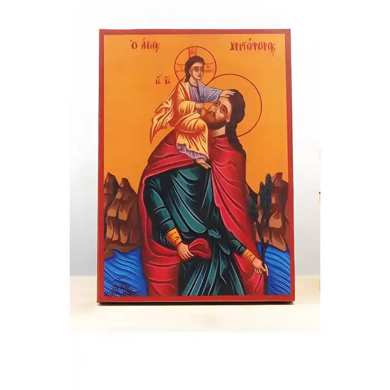 Εικόνα Ορθοδοξίας με περίγραμμα χρυσό σε ξύλο Φλαμουρίας  με  βάση Άγιος Χριστόφορος που κουβαλά τον Ιησού Χριστό, Ξύλινη Χειροποίητη Εικόνα Ελληνικού Premium Βυζαντινού Στυλ Κρεμασμένο σε ξύλινη πλάκα Χειροποίητη Ελληνορθόδοξη εικόνα του Ιησού Χριστού, Κ