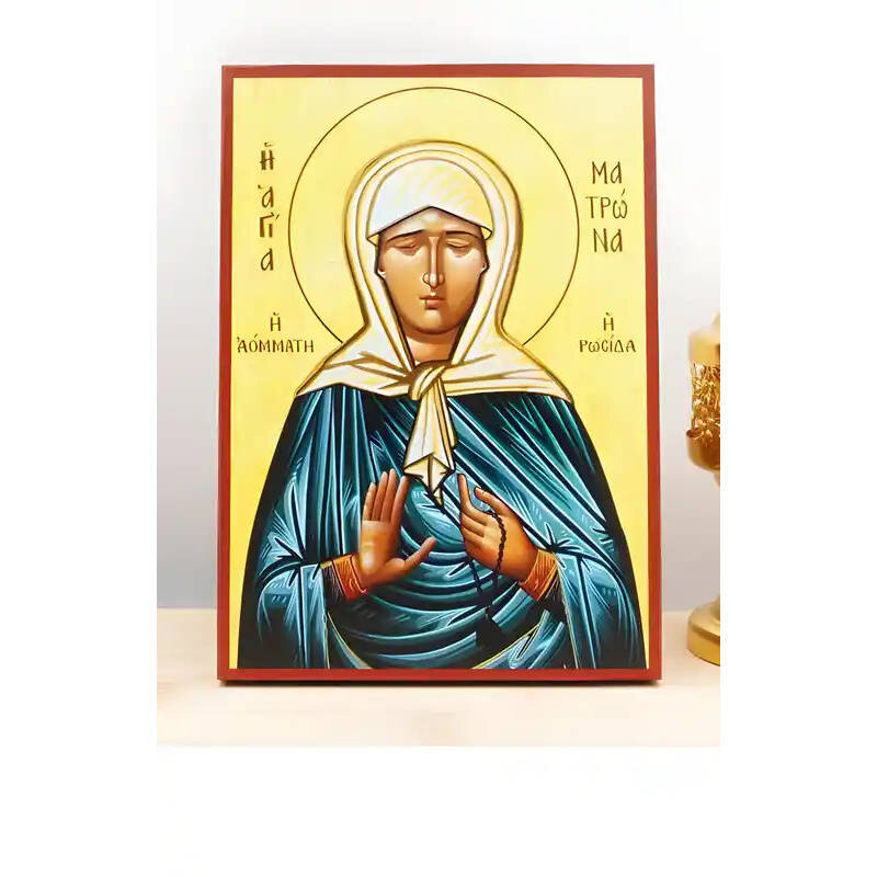 Σετ 2 τεμαχίων – Εικόνα Ορθοδοξίας με περίγραμμα χρυσό σε ξύλο Φλαμουρίας  με  βάση Αγία Ματρώνα Νικόνοβα η Θαυματουργός της Μόσχας, Ξύλινη Χειροποίητη Εικόνα Ελληνικού Βυζαντινού Στυλ υψηλής ποιότητας που κρέμεται σε ξύλινη πλάκα Χειροποίητη Ελληνορθόδοξ