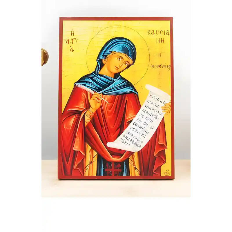 Σετ 2 τεμαχίων – Εικόνα Ορθοδοξίας με περίγραμμα χρυσό σε ξύλο Φλαμουρίας  με  βάση Αγία Κασσία «Κασσιανή» η Υμνογράφος, Ξύλινη Χειροποίητη Εικόνα Ελληνικής Βυζαντινής Τεχνοτροπίας Κρεμασμένη σε ξύλινη πλάκα Χειροποίητη Ελληνορθόδοξη εικόνα του Ιησού Χρισ