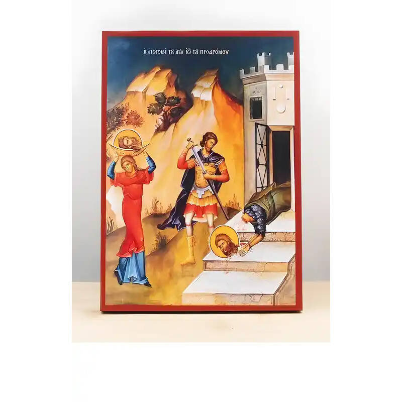 Εικόνα Ορθοδοξίας με περίγραμμα χρυσό σε ξύλο Φλαμουρίας  με  βάση Ο αποκεφαλισμός του Αγίου Ιωάννη του Βαπτιστή, Ξύλινη Χειροποίητη Εικόνα Ελληνικού Premium Βυζαντινού Στυλ Κρεμασμένο σε ξύλινη πλάκα Θρησκευτικό θέμα Χειροποίητη Ελληνορθόδοξη εικόνα του