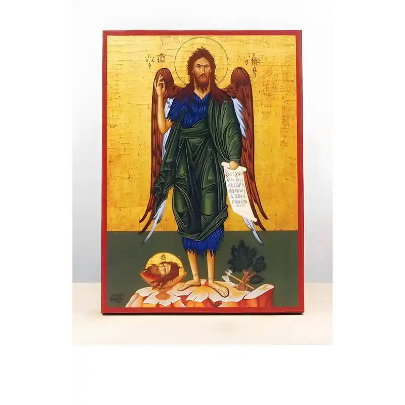Εικόνα Ορθοδοξίας με περίγραμμα χρυσό σε ξύλο Φλαμουρίας  με  βάση Άγιος Ιωάννης ο Βαπτιστής Άγγελος της Ερήμου, Ξύλινη Χειροποίητη Εικόνα Ελληνικού Premium Βυζαντινού Στυλ Κρεμασμένο σε ξύλινη πλάκα Θρησκευτικό θέμα Χειροποίητη Ελληνορθόδοξη εικόνα του Ι
