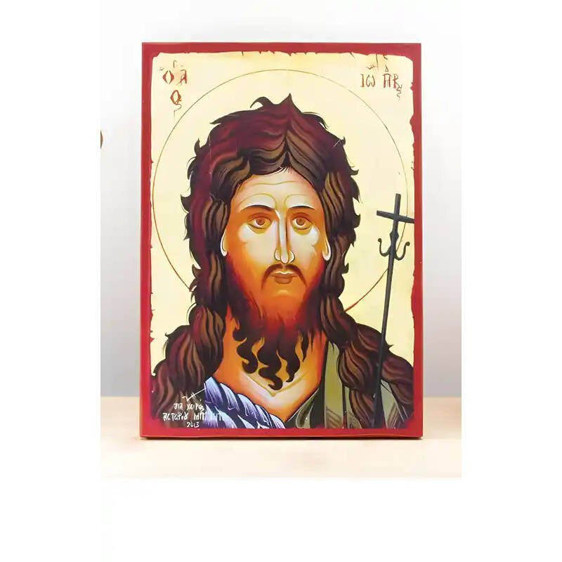 Εικόνα Ορθοδοξίας με περίγραμμα χρυσό σε ξύλο Φλαμουρίας  με  βάση Πορτρέτο του Αγίου Ιωάννη του Βαπτιστή "ο Πρόδρομος", WΞύλινη Χειροποίητη Εικόνα Ελληνικής Premium Βυζαντινού Στυλ τοίχου Κρεμασμένη σε ξύλινη πλάκα Θρησκευτικό Χειροποίητη Ελληνορθόδοξη ε