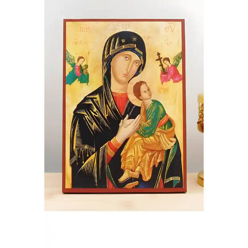 Εικόνα Ορθοδοξίας με περίγραμμα χρυσό σε ξύλο Φλαμουρίας  με  βάση Παναγία της Αιώνιας Βοήθειας με τον Ιησού, Ξύλινη Χειροποίητη Εικόνα Ελληνικού Βυζαντινού Στυλ σε τοίχο Κρεμαστή σε Ξυλόπλακα Θρησκευτικό θέμα Χειροποίητη Ελληνορθόδοξη εικόνα του Ιησού Χρ