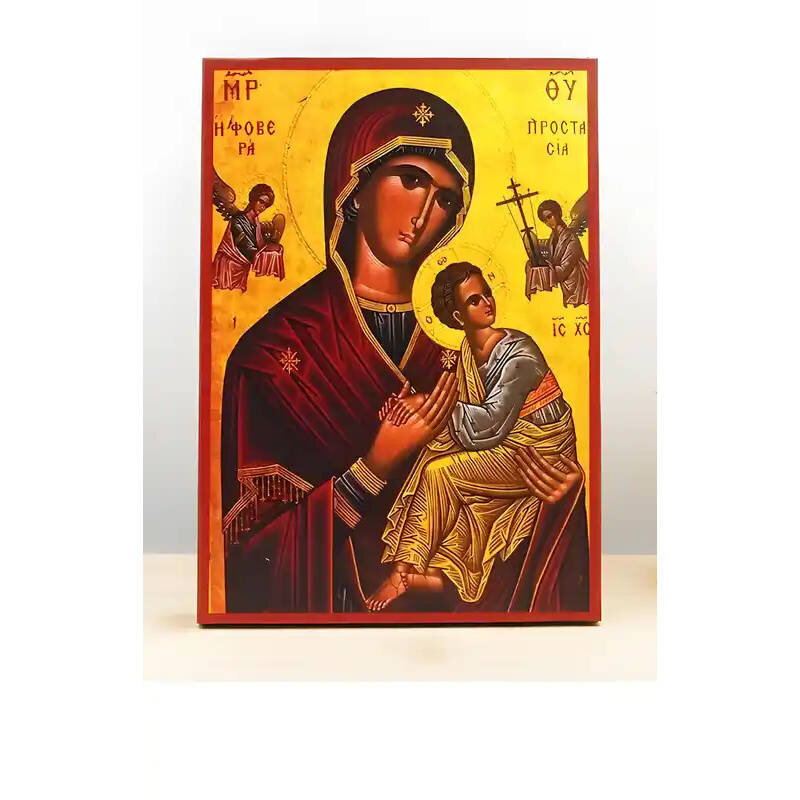 Εικόνα Ορθοδοξίας με περίγραμμα χρυσό σε ξύλο Φλαμουρίας  με  βάση Παναγία Φοβερά Προστασία «Φοβέρα Προστάσια», Ξύλινη Χειροποίητη Εικόνα Ελληνικής Premium Βυζαντινού Στυλ Κρεμαστή σε ξύλινη πλάκα Χειροποίητη Ελληνορθόδοξη εικόνα του Ιησού Χριστού, Κρεμασ