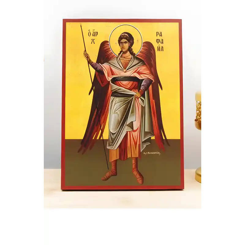 Εικόνα Ορθοδοξίας με περίγραμμα χρυσό σε ξύλο Φλαμουρίας  με  βάση Αρχάγγελος Ραφαήλ Ολόσωμο, Ξύλινη Χειροποίητη Εικόνα Ελληνικού Premium Βυζαντινού Στυλ Κρεμασμένο σε ξύλινη πλάκα Θρησκευτικό θέμα Χειροποίητη Ελληνορθόδοξη εικόνα του Ιησού Χριστού, Κρεμα