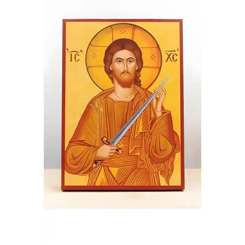 Εικόνα Ορθοδοξίας με περίγραμμα χρυσό σε ξύλο Φλαμουρίας  με  βάση Ο Ιησούς Χριστός κρατά ένα πνευματικό ξίφος "Κόβει" αμαρτίες, Ξύλινη χειροποίητη εικόνα Ελληνικού βυζαντινού στυλ τοίχου που κρέμεται σε ξύλινη πλάκα Χειροποίητη Ελληνορθόδοξη εικόνα του Ι