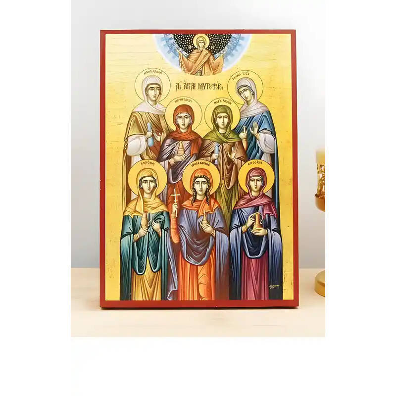 Σετ 2 τεμαχίων – Εικόνα Ορθοδοξίας με περίγραμμα χρυσό σε ξύλο Φλαμουρίας  με  βάση The Seven Myrrhbearers, Ξύλινη Χειροποίητη Εικόνα Ελληνικού Premium Βυζαντινού Στυλ Κρεμασμένο σε ξύλινη πλάκα Χειροποίητη Ελληνορθόδοξη εικόνα του Ιησού Χριστού, Κρεμαστή