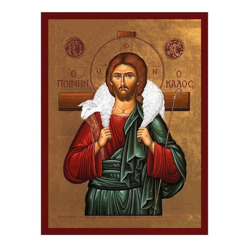 Εικόνα Ορθοδοξίας με περίγραμμα χρυσό σε ξύλο Φλαμουρίας  με  βάση Ιησούς Χριστός ο Καλός Ποιμένας, Χειροποίητη Ελληνορθόδοξη εικόνα του Ιησού Χριστού, Κρεμαστή πλάκα βυζαντινής τέχνης, χριστιανική τέχνη Διάσταση 40x30 cm (15,8 x 11,8 ίντσες)INTRAEK-43216