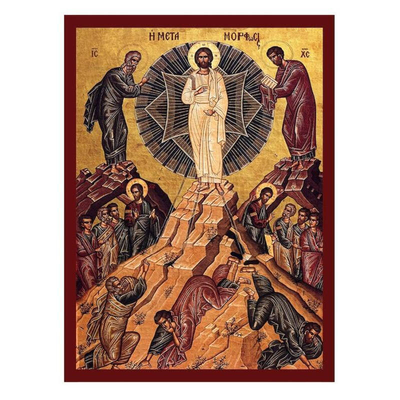 Εικόνα Ορθοδοξίας με περίγραμμα χρυσό σε ξύλο Φλαμουρίας  με  βάση Εικόνα της Μεταμόρφωσης του Χριστού, Χειροποίητη Ελληνορθόδοξη εικόνα του Ιησού Χριστού, Κρεμαστή πλάκα βυζαντινής τέχνης, θρησκευτική διακόσμηση Διάσταση 40x30 cm (15,8 x 11,8 ίντσες)INTR