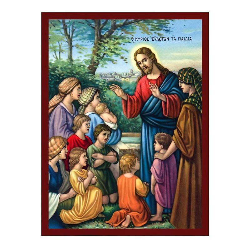 Εικόνα Ορθοδοξίας με περίγραμμα χρυσό σε ξύλο Φλαμουρίας  με  βάση Ο Ιησούς Χριστός Ευλογεί τα Παιδιά Εικόνα, Χειροποίητη Ελληνορθόδοξη εικόνα του Ιησού Χριστού, Κρεμαστή πλάκα βυζαντινής τέχνης, θρησκευτικό δώρο Διάσταση 40x30 cm (15,8 x 11,8 ίντσες)INTR