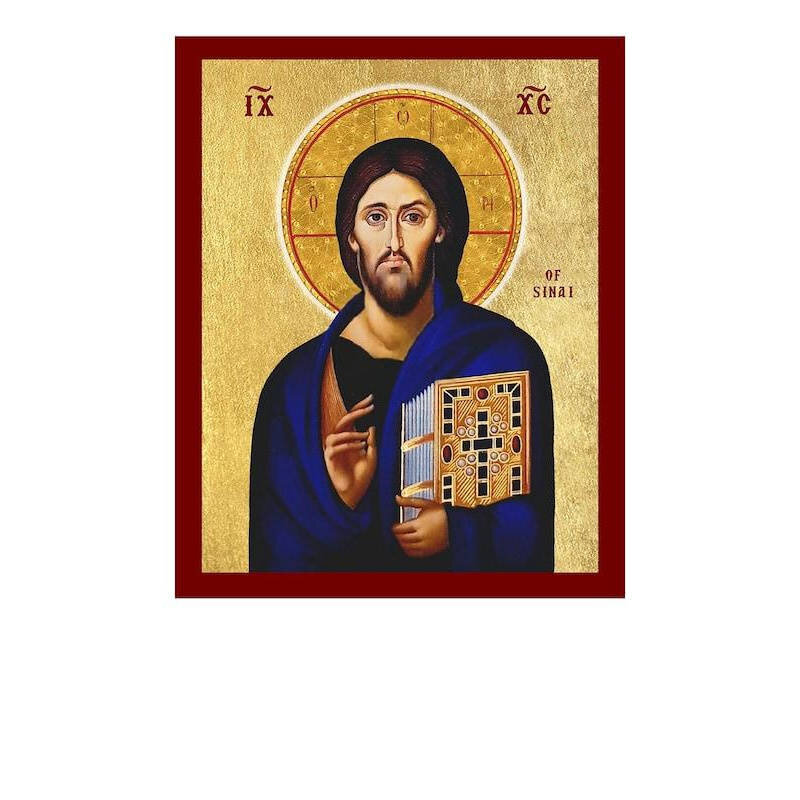 Εικόνα Ορθοδοξίας με περίγραμμα χρυσό σε ξύλο Φλαμουρίας  με  βάση Χριστός του Σινά μπλε Έκδοση Εικόνα, Ζωντανή Βυζαντινή Ορθόδοξη Τέχνη τοίχου, Χειροποίητη Ελληνική Χριστιανική Εικόνα, Θρησκευτικό Δώρο Ιησού Παντοκράτορα Διάσταση 40x30 cm (15,8 x 11,8 ίν