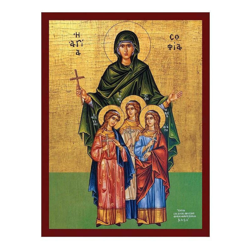 Εικόνα Ορθοδοξίας με περίγραμμα χρυσό σε ξύλο Φλαμουρίας  με  βάση Εικόνα της Σοφίας και των Τριών της Κόρες, Χειροποίητη Ελληνική εικόνα της Αγίας Σοφίας, Κρεμαστή πλάκα βυζαντινής τέχνης, χριστιανικό δώρο Διάσταση 40x30 cm (15,8 x 11,8 ίντσες)INTRAEK-43