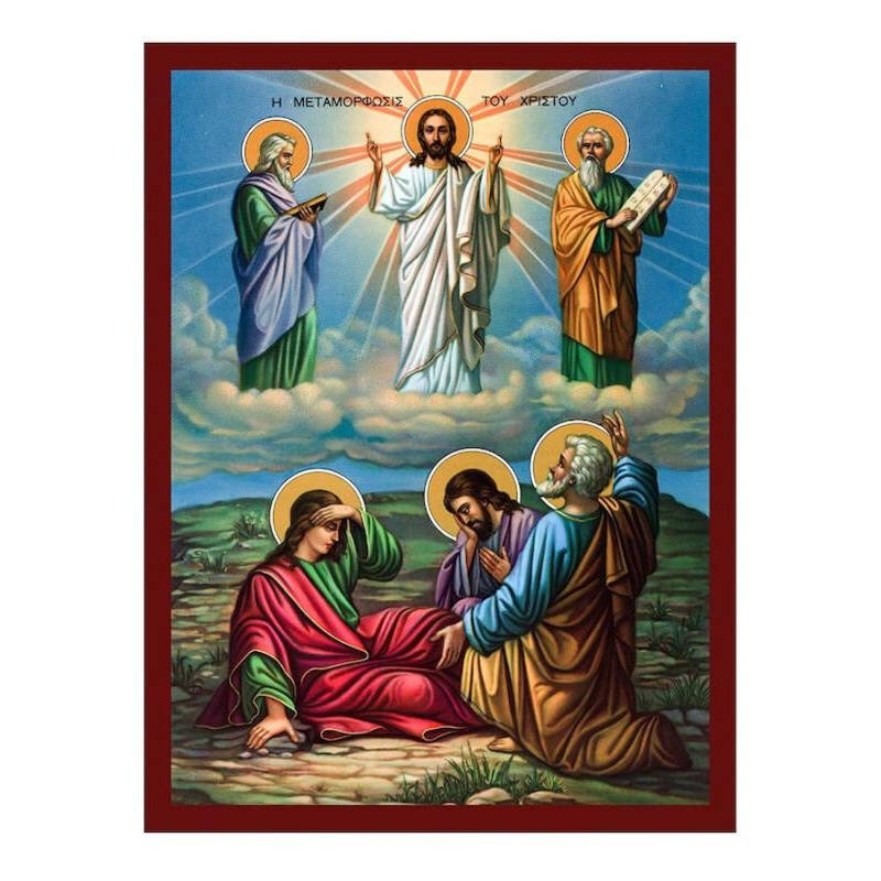 Εικόνα Ορθοδοξίας με περίγραμμα χρυσό σε ξύλο Φλαμουρίας  με  βάση Η εικόνα της Μεταμόρφωσης του Σωτήρος, Χειροποίητη Ελληνορθόδοξη εικόνα του Ιησού Χριστού, επιτοίχια βυζαντινή τέχνη, θρησκευτική διακόσμηση Διάσταση 40x30 cm (15,8 x 11,8 ίντσες)INTRAEK-4