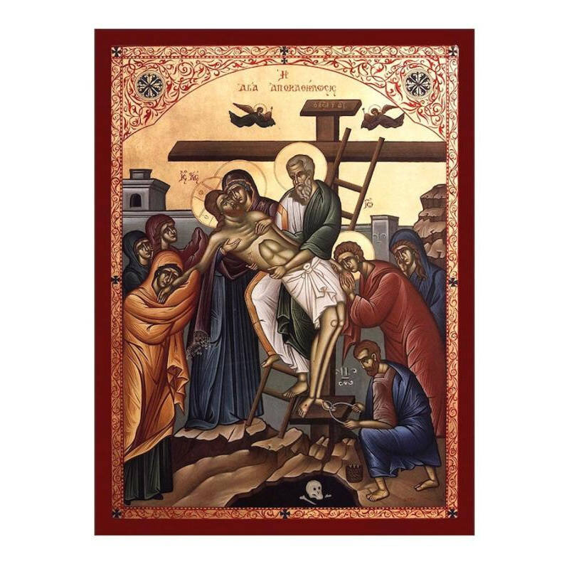 Εικόνα Ορθοδοξίας με περίγραμμα χρυσό σε ξύλο Φλαμουρίας  με  βάση Εικόνα Η Κάθοδος από τον Σταυρό, Χειροποίητη Ελληνορθόδοξη εικόνα του Ιησού Χριστού, Κρεμαστή πλάκα βυζαντινής τέχνης, θρησκευτικό δώρο Διάσταση 40x30 cm (15,8 x 11,8 ίντσες)INTRAEK-432167