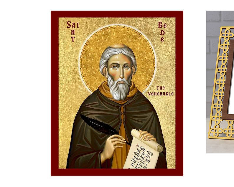 Εικόνα Ορθοδοξίας με περίγραμμα χρυσό σε ξύλο Φλαμουρίας  με  βάση Άγιος Βέδης η Σεβασμιώτατη Εικόνα, Χειροποίητη Χριστιανική Εικόνα του Αγίου Βέδη, Κρεμαστή πλάκα Βυζαντινής Τέχνης, Χριστιανική Θρησκευτική Τέχνη Διάσταση 40x30 cm (15,8 x 11,8 ίντσες)INTR