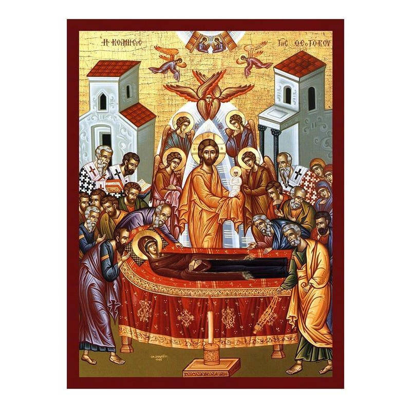 Εικόνα Ορθοδοξίας με περίγραμμα χρυσό σε ξύλο Φλαμουρίας  με  βάση Εικόνα της Κοίμησης της Θεοτόκου, Χειροποίητη Βυζαντινή εικόνα της Κοίμησης της Θεοτόκου, Κρεμαστή πλάκα θρησκευτικής τέχνης, Χριστιανικό δώρο Διάσταση 40x30 cm (15,8 x 11,8 ίντσες)INTRAEK