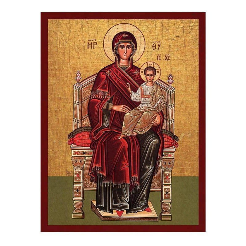Εικόνα Ορθοδοξίας με περίγραμμα χρυσό σε ξύλο Φλαμουρίας  με  βάση Παναγία Ένθρονη εικόνα της Παναγίας, Χειροποίητη ελληνική εικόνα της Παναγίας Ένθρονος, επιτοίχια βυζαντινή τέχνη, χριστιανικό δώρο Διάσταση 10x7 cm (3,9 x 2,8 ίντσες) INTRAEK-816724189