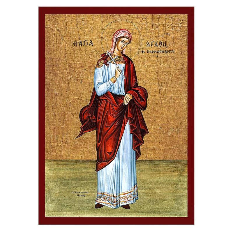 Εικόνα Ορθοδοξίας με περίγραμμα χρυσό σε ξύλο Φλαμουρίας  με  βάση Εικόνα Αγίας Αγάθας της Σικελίας, Χειροποίητη ελληνική εικόνα της Αγίας Αγάθας της Σικελίας, επιτοίχια πλάκα βυζαντινής τέχνης, χριστιανικό δώρο Διάσταση 40x30 cm (15,8 x 11,8 ίντσες)INTRA