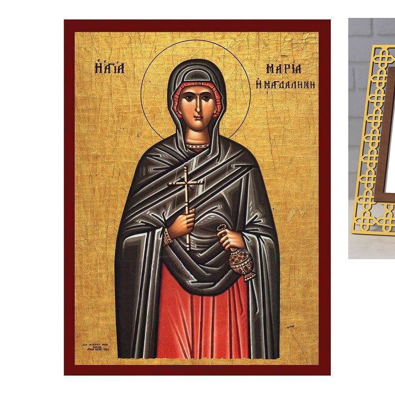 Εικόνα Ορθοδοξίας με περίγραμμα χρυσό σε ξύλο Φλαμουρίας  με  βάση Εικόνα Αγίας Μαρίας Μαγδαληνής, Χειροποίητη βυζαντινή εικόνα της Αγίας Μαρίας Μαγδαληνής, Κρεμαστή πλάκα θρησκευτικής τέχνης, χριστιανικό δώρο Διάσταση 10x7 cm (3,9 x 2,8 ίντσες) INTRAEK-8