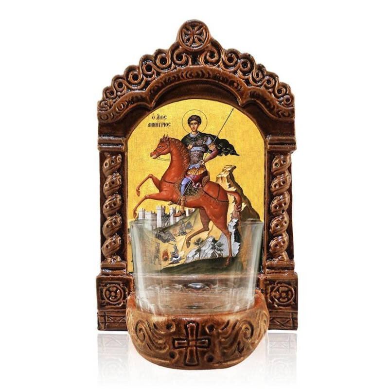 Εικόνα Ορθοδοξίας με περίγραμμα χρυσό σε ξύλο Φλαμουρίας  με  βάση Φωτιστικό Αγρυπνίας Αγίου Δημητρίου, Επιτραπέζια εικόνα Αγίου Δημητρίου, Χειροποίητο Κεραμικό Φωτιστικό με Γυάλινο Κύπελλο Διάσταση 10x7 cm (3,9 x 2,8 ίντσες) INTRAEK-816724173