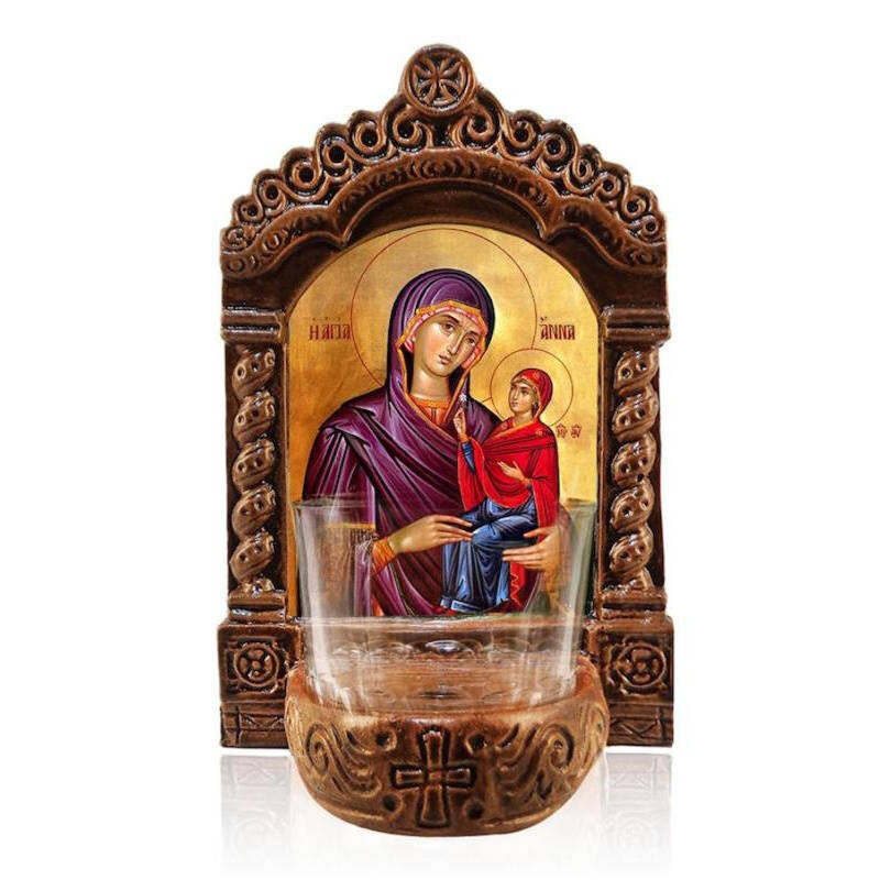 Εικόνα Ορθοδοξίας με περίγραμμα χρυσό σε ξύλο Φλαμουρίας  με  βάση Φωτιστικό Αγίας Άννας, Εικόνα Επιτραπέζιας Αγίας Άννας, Χειροποίητο Κεραμικό Φωτιστικό με Γυάλινο Κύπελλο Διάσταση 10x7 cm (3,9 x 2,8 ίντσες) INTRAEK-816724171