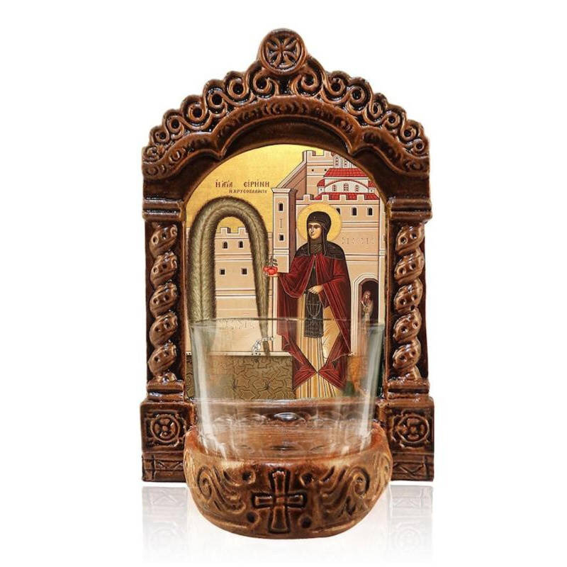 Εικόνα Ορθοδοξίας με περίγραμμα χρυσό σε ξύλο Φλαμουρίας  με  βάση Φωτιστικό Αγίας Ειρήνης Χρυσοβαλάντου, Εικόνα Επιτραπέζιας Αγίας Ειρήνης Χρυσοβαλάντου, Χειροποίητο Κεραμικό Φωτιστικό Αγρυπνίας με Γυάλινο Κύπελλο Διάσταση 10x7 cm (3,9 x 2,8 ίντσες) INTR