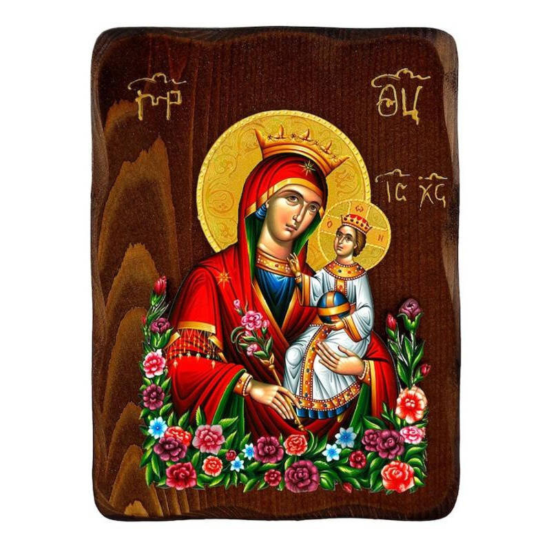 Εικόνα Ορθοδοξίας με περίγραμμα χρυσό σε ξύλο Φλαμουρίας  με  βάση Παναγία η Αμάραντη Ρόδο εικόνα, Χειροποίητη Ξύλινη εικόνα Παναγίας Ρόδων προς Αμάραντο, Βυζαντινή τέχνη τοίχος, θρησκευτικό δώρο, χριστιανική εικόνα Διάσταση 10x7 cm (3,9 x 2,8 ίντσες) INT