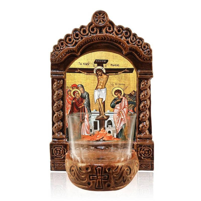 Εικόνα Ορθοδοξίας με περίγραμμα χρυσό σε ξύλο Φλαμουρίας  με  βάση Φωτιστικό Αγρυπνίας Η Σταύρωση του Ιησού Χριστού, Εικονίδιο επιτραπέζιου Ιησού Χριστού, Χειροποίητο Κεραμικό Φωτιστικό Αγρυπνίας με Γυάλινο Κύπελλο Διάσταση 10x7 cm (3,9 x 2,8 ίντσες) INTR