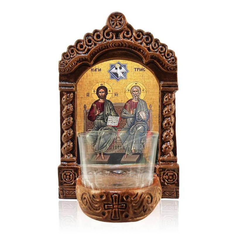 Εικόνα Ορθοδοξίας με περίγραμμα χρυσό σε ξύλο Φλαμουρίας  με  βάση Λυχνία Αγρυπνίας της Αγίας Τριάδας, Πατέρα Ιησού Χριστού &amp; Εικόνα Επιτραπέζιου Πνεύματος, Χειροποίητο Κεραμικό Φωτιστικό Αγρυπνίας με Γυάλινο Κύπελλο Διάσταση 40x30 cm (15,8 x 11,8 ίντ