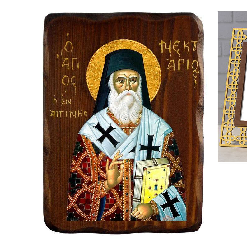 Εικόνα Ορθοδοξίας με περίγραμμα χρυσό σε ξύλο Φλαμουρίας  με  βάση Εικόνα Αγίου Νεκταρίου, Χειροποίητη Ελληνορθόδοξη εικόνα του Αγίου Νεκταρίου, επιτοίχια πλάκα βυζαντινής τέχνης, θρησκευτικό δώρο, χριστιανική διακόσμηση Διάσταση 40x30 cm (15,8 x 11,8 ίντ