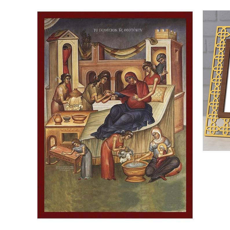 Εικόνα Ορθοδοξίας με περίγραμμα χρυσό σε ξύλο Φλαμουρίας  με  βάση Η εικόνα της Γέννησης της Θεοτόκου, Χειροποίητη Ελληνική εικόνα της Γέννησης της Θεοτόκου, επιτοίχια πλάκα βυζαντινής τέχνης, χριστιανικό δώρο Διάσταση 40x30 cm (15,8 x 11,8 ίντσες)INTRAEK