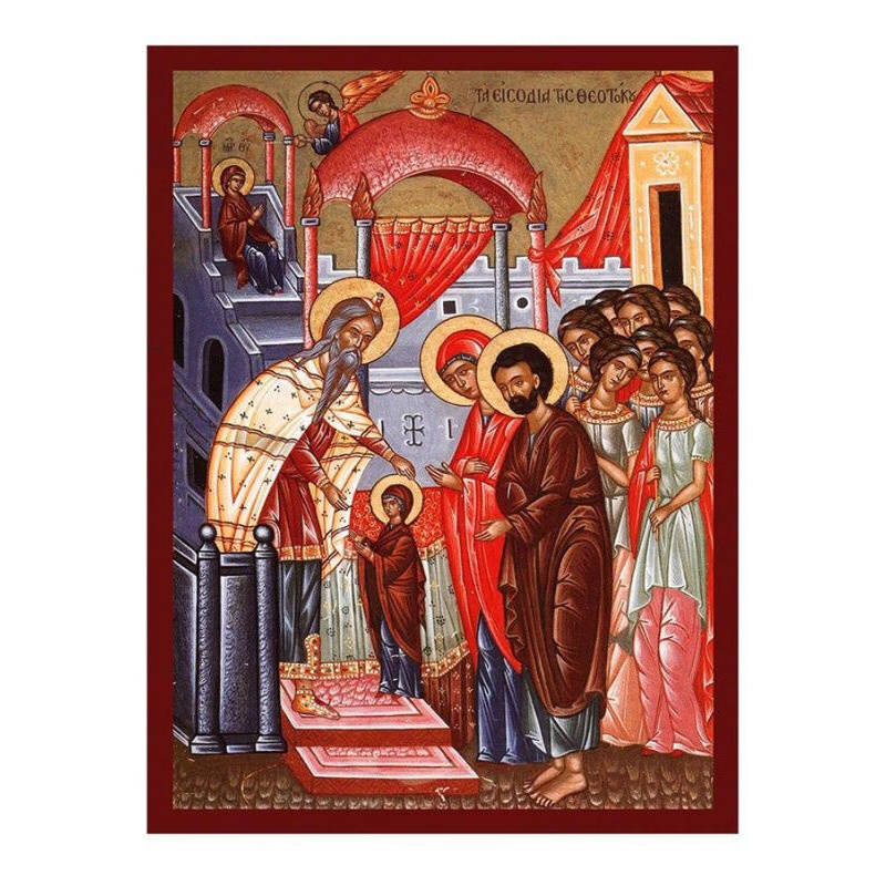 Εικόνα Ορθοδοξίας με περίγραμμα χρυσό σε ξύλο Φλαμουρίας  με  βάση Παναγία Τα Εισόδια της Εικόνας της Θεοτόκου, Χειροποίητη Ελληνική εικόνα Εισοδίων της Θεοτόκου, Κρεμαστή πλάκα βυζαντινής τέχνης, Χριστιανικό δώρο Διάσταση 40x30 cm (15,8 x 11,8 ίντσες)INT