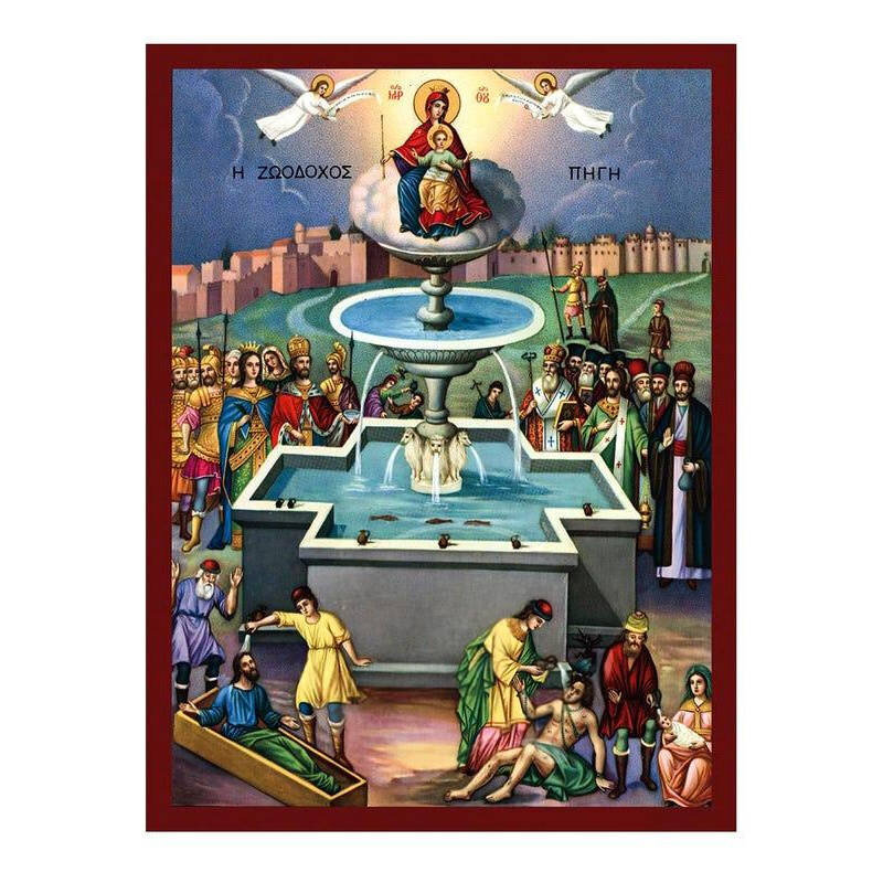 Εικόνα Ορθοδοξίας με περίγραμμα χρυσό σε ξύλο Φλαμουρίας  με  βάση Παναγία Η Ζωοδόχος Πηγή Εικόνα, Χειροποίητη Ελληνική εικόνα της Παναγίας Ζωοδόχου, Βυζαντινή τέχνη επιτοίχια πλάκα, Χριστιανικό δώρο Διάσταση 40x30 cm (15,8 x 11,8 ίντσες)INTRAEK-432167241