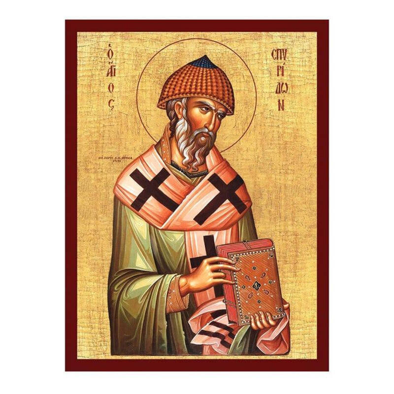 Σετ 2 τεμαχίων – Εικόνα Ορθοδοξίας με περίγραμμα χρυσό σε ξύλο Φλαμουρίας  με  βάση Εικόνα Αγίου Σπυρίδωνα του Θαυματουργού, Χειροποίητη Ελληνική εικόνα του Αγίου Σπυρίδωνα, επιτοίχια πλάκα βυζαντινής τέχνης, χριστιανικό δώρο Διάσταση 21x15 cm (8,3 x 5,9