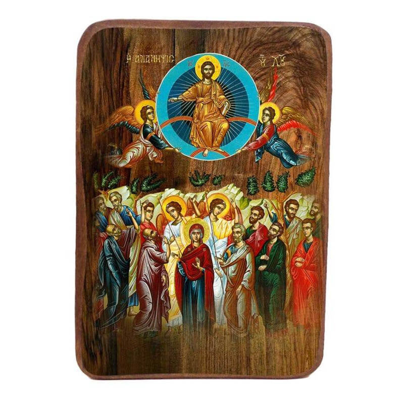 Σετ 2 τεμαχίων – Εικόνα Ορθοδοξίας με περίγραμμα χρυσό σε ξύλο Φλαμουρίας  με  βάση Μπομπονιέρα Βάπτισης Ανάληψη του Κυρίου Σετ 20 τεμαχίων, Εικόνα Βάπτισης, Χειροποίητη Βυζαντινή εικόνα Bomboniera 9x6cm, Χριστιανικό Δώρο Διάσταση 21x15 cm (8,3 x 5,9 ίντσ