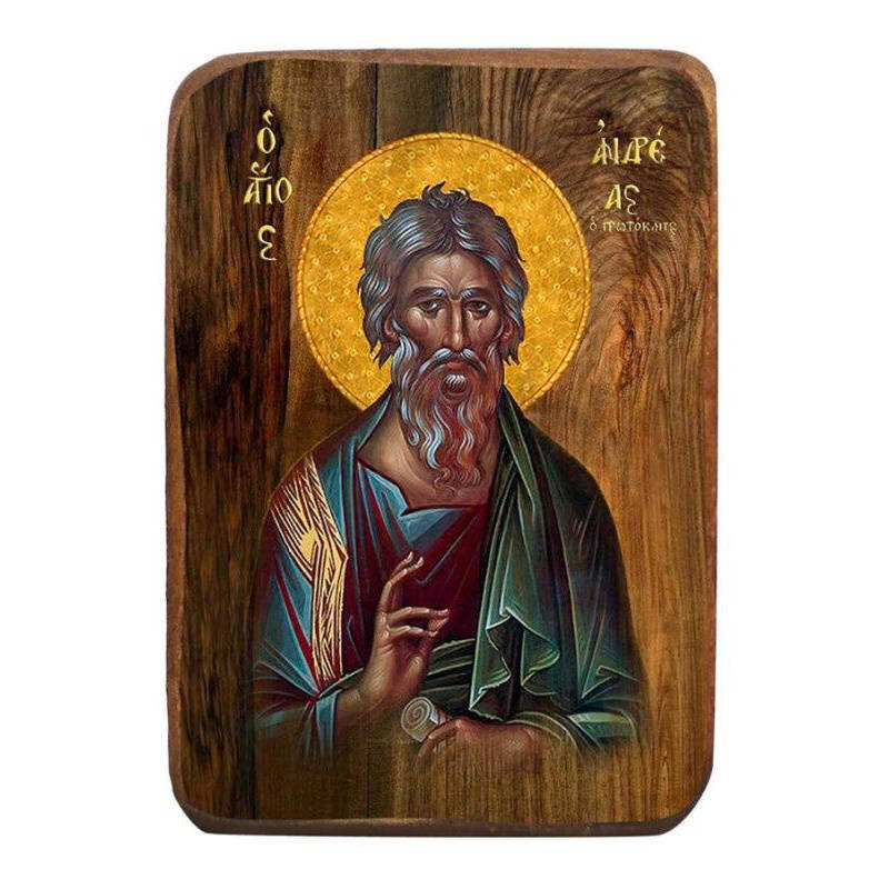 Σετ 2 τεμαχίων – Εικόνα Ορθοδοξίας με περίγραμμα χρυσό σε ξύλο Φλαμουρίας  με  βάση Μπομπονιέρα Βάπτισης Άγιος Ανδρέας Σετ 20 τεμαχίων, Εικόνα Βάπτισης, Χειροποίητη Βυζαντινή εικόνα Bomboniera 9x6cm, Χριστιανικό Δώρο Διάσταση 21x15 cm (8,3 x 5,9 ίντσες) I