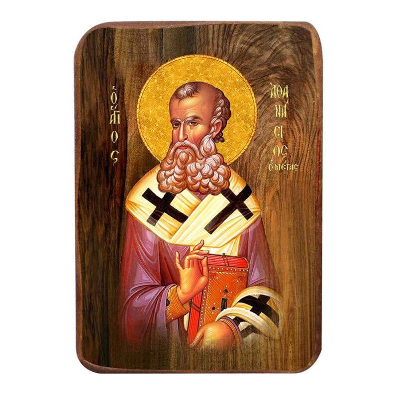 Σετ 2 τεμαχίων – Εικόνα Ορθοδοξίας με περίγραμμα χρυσό σε ξύλο Φλαμουρίας  με  βάση Μπομπονιέρα Βάπτισης Άγιος Αθανάσιος Σετ 20 τεμαχίων, Εικόνα Βάπτισης, Μπομπονιέρα Χειροποίητη Βυζαντινή εικόνα 9x6cm, Χριστιανικό Δώρο Διάσταση 21x15 cm (8,3 x 5,9 ίντσες
