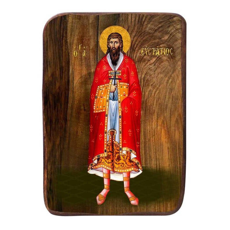 Σετ 2 τεμαχίων – Εικόνα Ορθοδοξίας με περίγραμμα χρυσό σε ξύλο Φλαμουρίας  με  βάση Μπομπονιέρα Βάπτισης Άγιος Ευστράτιος Σετ 20 τεμαχίων, Εικόνα Βάπτισης, Μπομπονιέρα Χειροποίητη Βυζαντινή εικόνα 9x6cm, Χριστιανικό Δώρο Διάσταση 21x15 cm (8,3 x 5,9 ίντσε