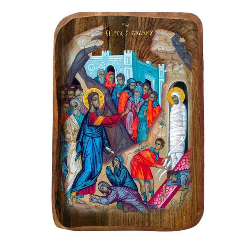 Σετ 2 τεμαχίων – Εικόνα Ορθοδοξίας με περίγραμμα χρυσό σε ξύλο Φλαμουρίας  με  βάση Μπομπονιέρα Βάπτισης Η Ανάσταση του Λαζάρου Σετ 20 τεμαχίων, Εικόνα Βάπτισης, Χειροποίητη Βυζαντινή εικόνα Bomboniera 9x6cm, Χριστιανικό Δώρο Διάσταση 21x15 cm (8,3 x 5,9