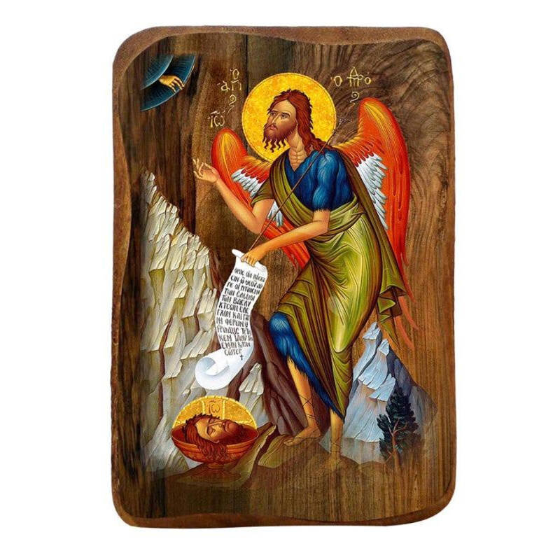 Εικόνα Ορθοδοξίας με περίγραμμα χρυσό σε ξύλο Φλαμουρίας  με  βάση Μπομπονιέρα βάπτισης Ιωάννης ο Βαπτιστής Σετ 20 τεμαχίων, Εικόνα Βάπτισης, Χειροποίητη Βυζαντινή εικόνα Bomboniera 9x6cm, Χριστιανικό Δώρο Διάσταση 26x20 cm (10,2 x 7,9 ίντσες) INTRAEK-321