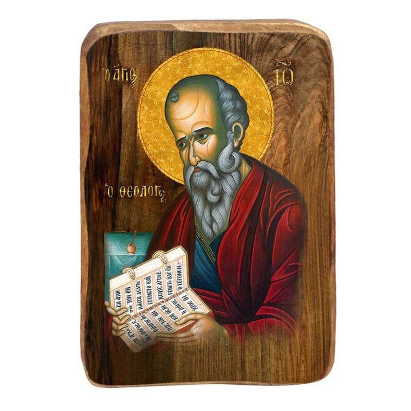 Σετ 2 τεμαχίων – Εικόνα Ορθοδοξίας με περίγραμμα χρυσό σε ξύλο Φλαμουρίας  με  βάση Μπομπονιέρα Βάπτισης Άγιος Ιωάννης ο Ευαγγελιστής Σετ 20 τεμαχίων, Εικόνα Βάπτισης, Χειροποίητη Βυζαντινή εικόνα Bomboniera 9x6cm, Χριστιανικό Δώρο Διάσταση 21x15 cm (8,3