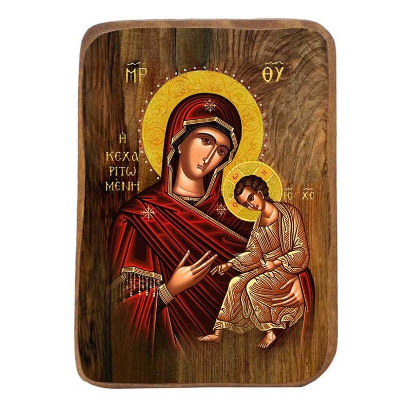 Σετ 2 τεμαχίων – Εικόνα Ορθοδοξίας με περίγραμμα χρυσό σε ξύλο Φλαμουρίας  με  βάση Μπομπονιέρα Βάπτισης Παναγία Γεμάτη Χάρη Σετ 20 τεμαχίων, Εικόνα Βάπτισης, Μπομπονιέρα Χειροποίητη Βυζαντινή εικόνα 9x6cm, Χριστιανικό Δώρο Διάσταση 21x15 cm (8,3 x 5,9 ίν